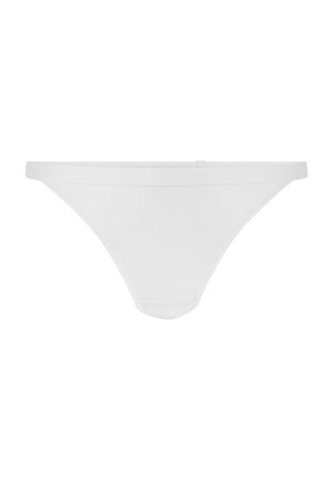 Tanga de algodón blanca con tirantes laterales finos, diseño minimalista, textura suave y acabado sin costuras. Sin patrones ni acentos adicionales.