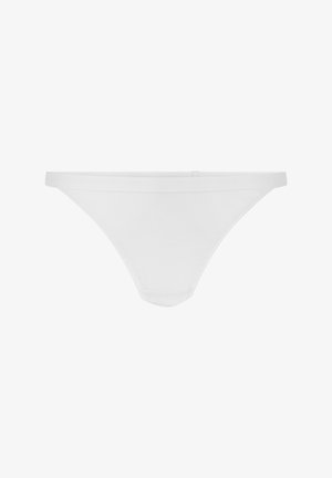 Hvid bomulds-thong med tynde sidebånd, minimalistisk design, glat tekstur og sømløs finish. Ingen mønstre eller yderligere detaljer.