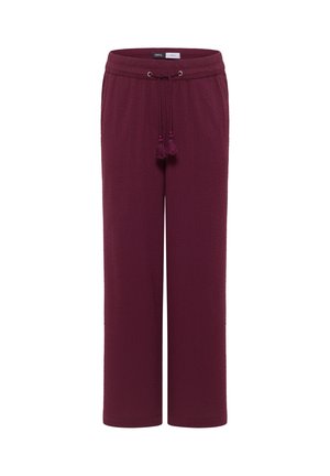 Široké kalhoty tmavě fialové barvy s texturou, s elastickým pasem a dekorativními třásněmi na stuze vpředu.