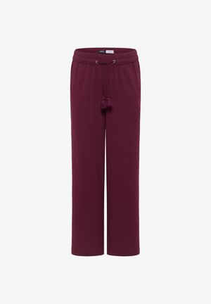 Pantalon large texturé violet foncé avec taille élastique et pompons décoratifs sur le cordon devant.