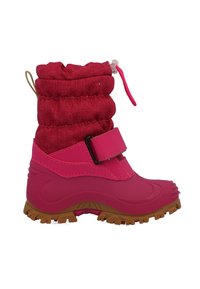 Stivale impermeabile rosa con tomaia sintetica trapuntata, coulisse regolabile, suola in gomma e cinturino in Velcro per una vestibilità sicura. Design texture.