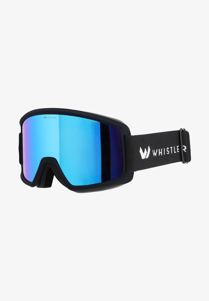 Mustat hiihtolasit suurella, heijastavalla sinisellä linssillä, pehmeällä vaahtomuovilla kehän ympärillä, ja mustalla säädettävällä hihnalla, jossa on "WHISTLER"-logo.