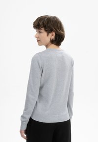 Hellgrauer Pullover aus weichem Material, mit rundem Halsausschnitt sowie gerippten Bündchen und Saum, von hinten sichtbar.