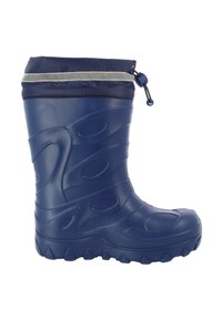 Botte d'hiver en caoutchouc bleu avec une semelle striée, des motifs moulés et un bord en tissu sombre avec une bande réfléchissante et un cordon réglable.