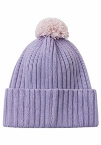 Lavender knit beanie with a ribbed texture and a pink pom-pom on top. Features a folded cuff for added warmth and style.