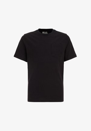 Čierne bavlnené tričko s okrúhlym výstrihom, krátkymi rukávmi a náprsné vrecko; obsahuje jemne vyšívané logo v oblasti vrecka.