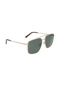 Zonnebril met polygonale groene lenzen, een gouden metalen frame en schildpadaccenten op de slapen. Verstelbare neuspads voor extra comfort.