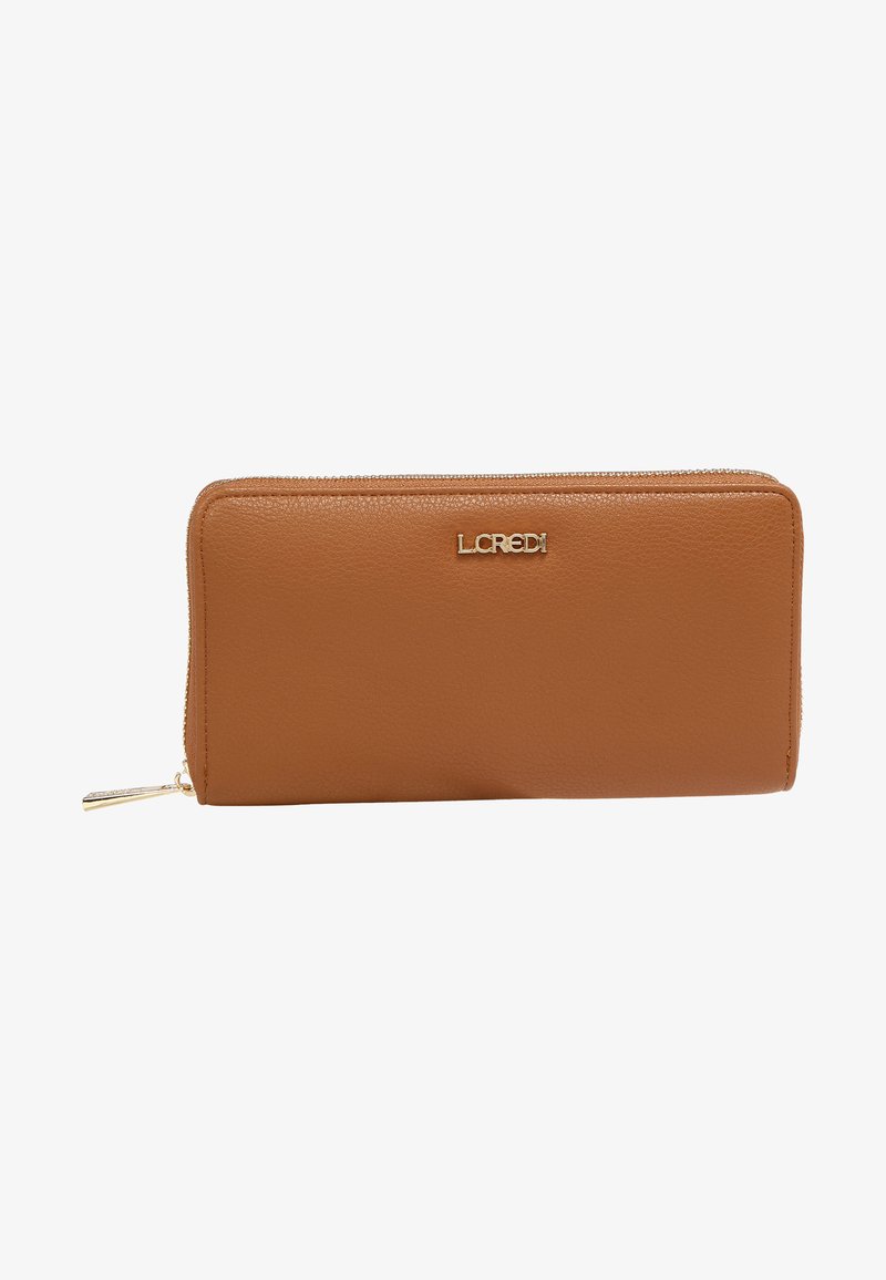 Brown leather zip wallet with a textured finish, featuring a gold-tone logo on the front and a zipper pull accent.