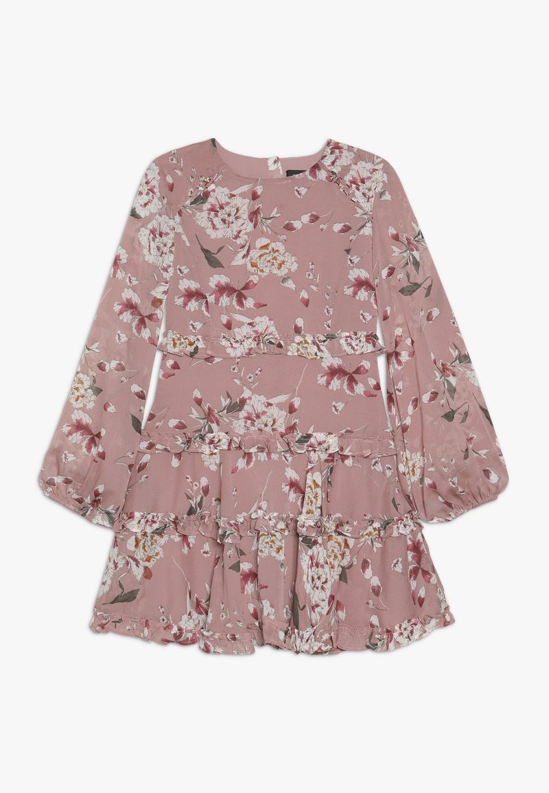 Robe fleurie rose à manches longues avec volants superposés et poignets élastiques, avec des motifs floraux blancs et bordeaux.