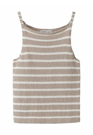 Débardeur tricoté à rayures horizontales beiges et blanches avec fines bretelles, étiqueté « name it » à l'encolure.