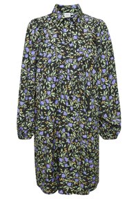 Blommig klänning med krage, långa puffärmar och svart tyg prytt med lila blommor och gröna blad, med knapplist framtill.