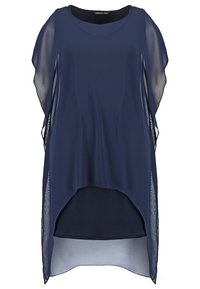Tunique bleu marine avec des manches transparentes, un col rond et un ourlet plus long à l'arrière. Tissu lisse avec une texture légère et fluide.