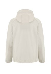 Vaaleanharmaa vettä hylkivä takki hupulla, jossa on sileä pinta, pitkät hihat ja säädettävät hihansuut. Minimalistinen muotoilu ilman näkyviä kiinnityksiä.