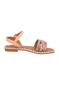 Sandali in pelle rosa con suola piatta, caratterizzati da un design decorativo intrecciato e dettagli metallici sulla parte superiore. Include cinturino alla caviglia regolabile.