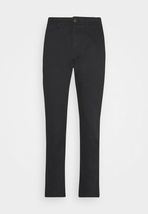Pantalons en coton noirs à coupe droite, fermeture à bouton et design à cinq poches. Texture lisse sans motifs ni accents visibles.