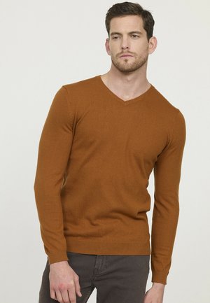 Pull-over à col en V, manches longues, de couleur orange brûlé, fabriqué en tissu tricoté doux. Il présente un ourlet et des poignets côtelés, avec une silhouette ajustée.