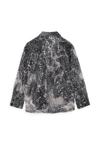 Chemise à sequins noire et argent avec col, manches longues et coupe ample. La texture est brillante avec un mélange de sequins et de tissu.