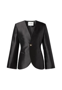 Blazer en satin noir avec un décolleté en V profond, des manches longues et une fermeture à un seul bouton doré. Comprend deux poches avant et une silhouette ajustée.