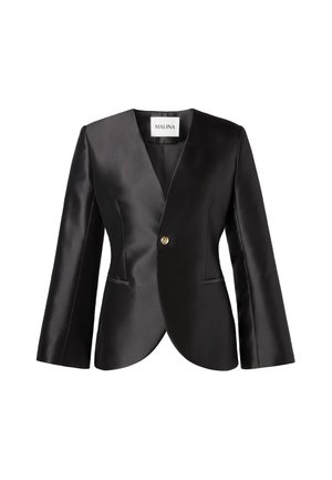 Blazer in raso nero con scollatura a V profonda, maniche lunghe e chiusura con un singolo bottone dorato. Presenta due tasche frontali e una silhouette aderente.