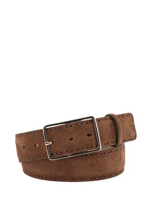 Brown suede belt with a silver rectangular buckle and visible stitching along the edges, rolled up on a white background.