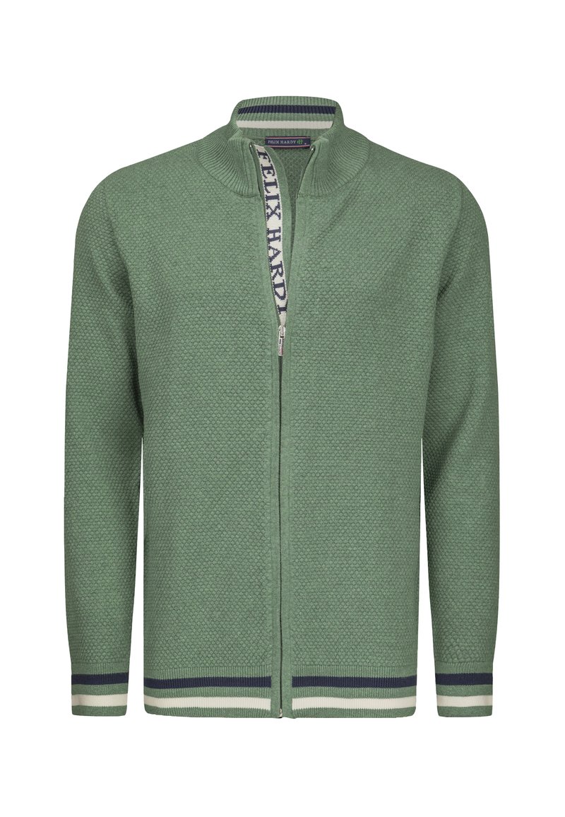 Cardigan lavorato a maglia verde con un motivo a texture, chiusura con zip e colletto alto. Presenta accenti a strisce in blu scuro e verde chiaro.