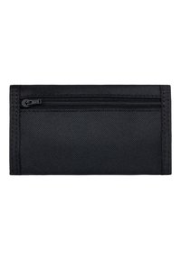 Czarny portfel z teksturowanym nylonowym wykończeniem, z komorą na zamek wzdłuż górnej krawędzi i przeszyciami po bokach.