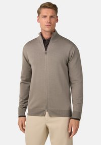 Bežna zip-up jopica z teksturiranim vzorcem, rebrastimi manšetami in robom, v kombinaciji s temno srajco s ovratnikom. Nosijo jo model v nevtralnem okolju.