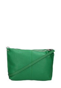 Borsa a tracolla verde in pelle con superficie testurizzata, chiusura con zip e tracolla staccabile. Presenta un design minimalista e una forma rettangolare.