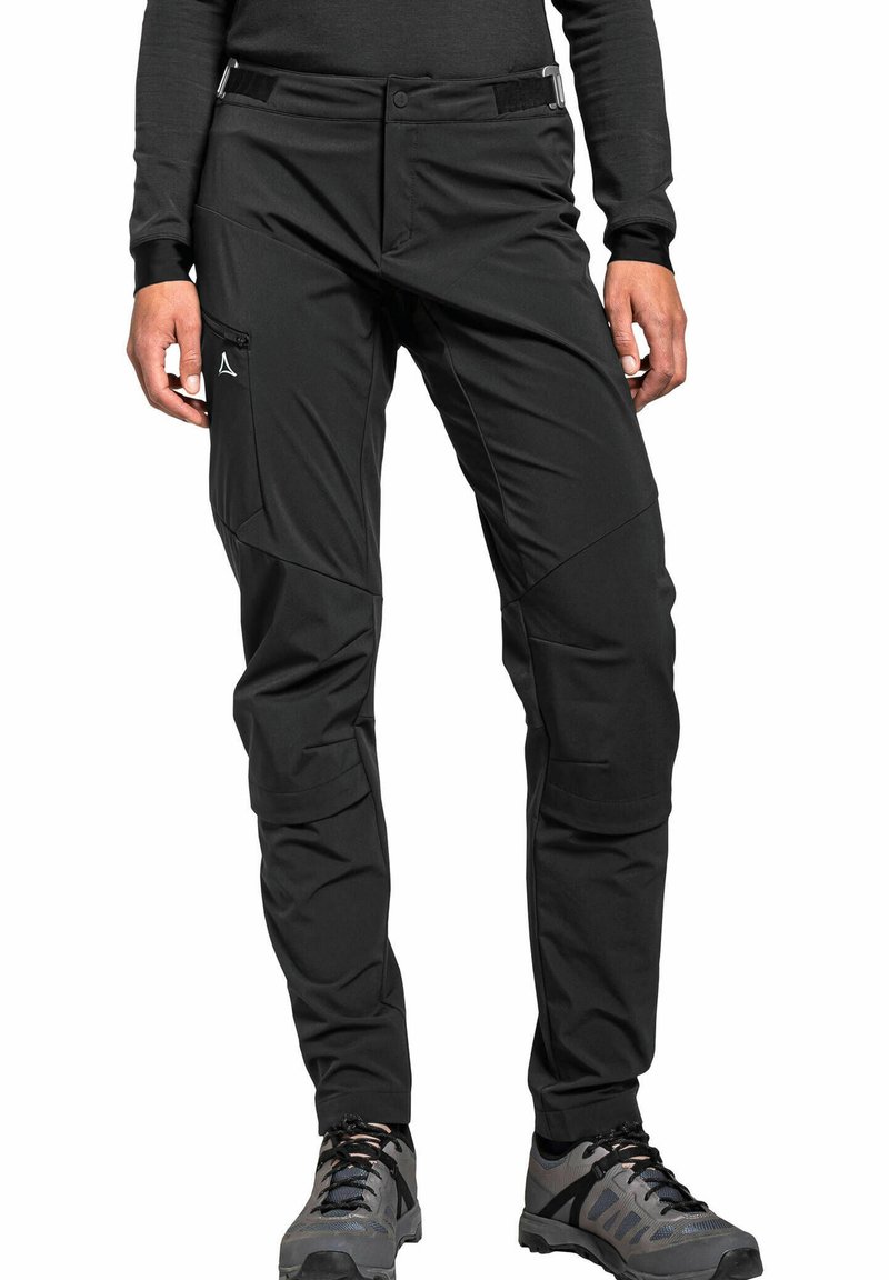 Schwarze Outdoor-Hosen mit passgenauer Passform, ausgestattet mit Reißverschlusstaschen, verstärkten Nähten und verstellbaren Taillen für Komfort und Funktionalität.