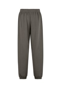 Gray, relaxed-fit sweatpants with an elastic waistband and gathered cuffs. Made from soft material with a smooth texture.