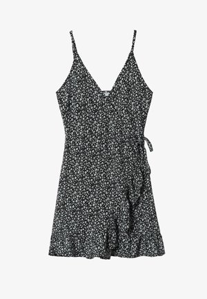 Schwarzes ärmelloses Wickelkleid mit weißem Blumenmuster, V-Ausschnitt, dünnen Trägern, Taillenschnürung und gerafftem Saum.
