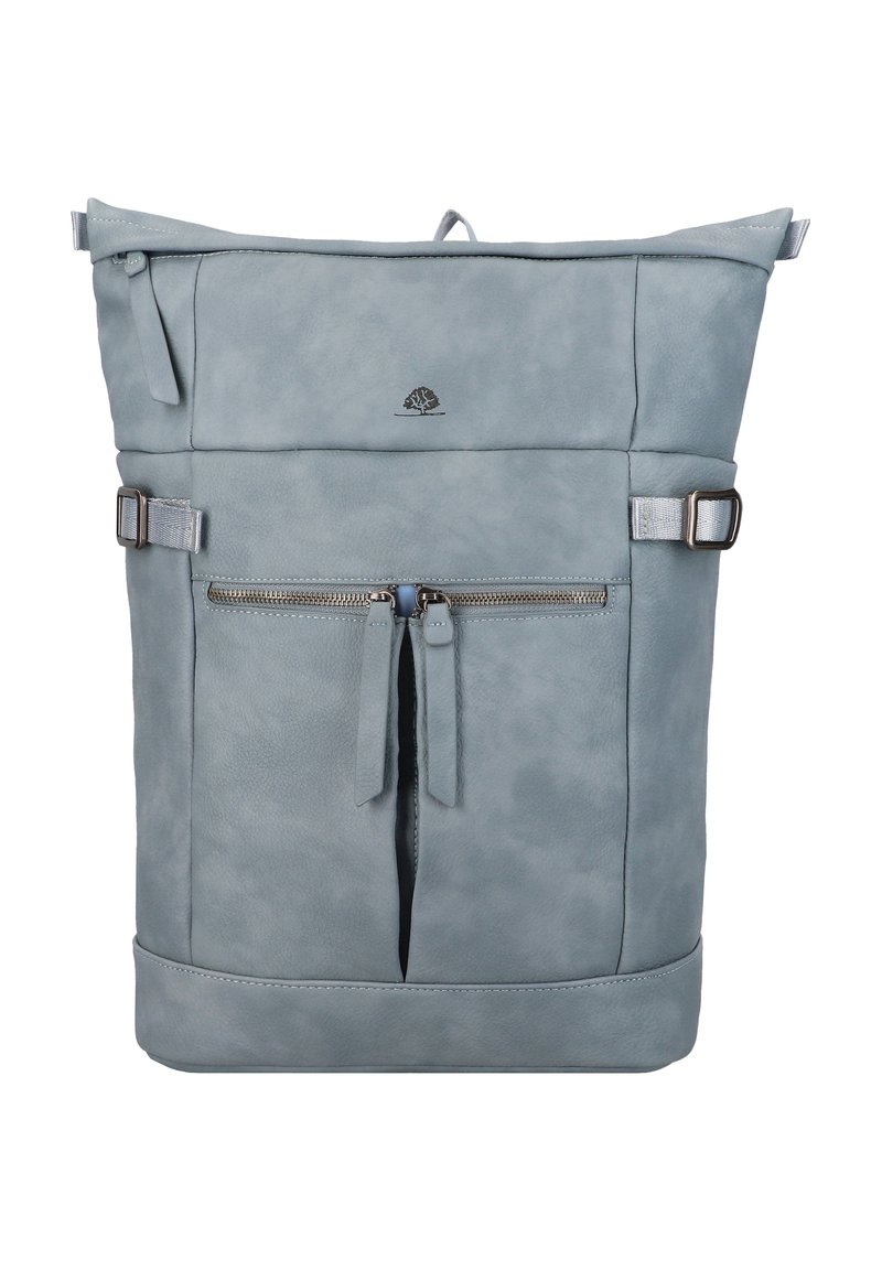 Grau lederne Rucksack mit einem Roll-Up-Design, einer vorderen Reißverschlusstasche und zwei verstellbaren Trägern. Verfügt über ein dezentes, geprägtes Logo und eine strukturierte Oberfläche.