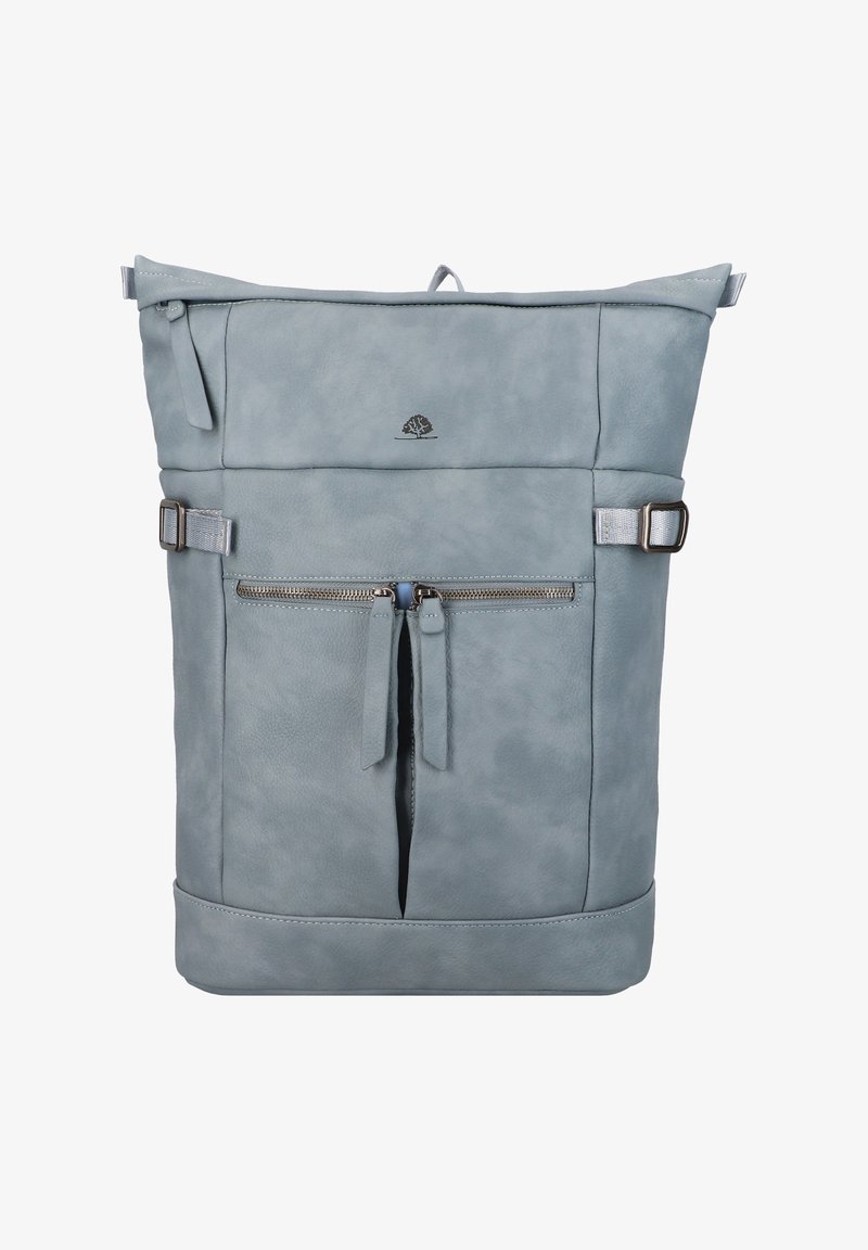 Grau lederne Rucksack mit einem Roll-Up-Design, einer vorderen Reißverschlusstasche und zwei verstellbaren Trägern. Verfügt über ein dezentes, geprägtes Logo und eine strukturierte Oberfläche.