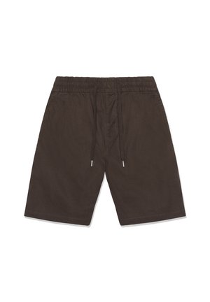 Donkerbruine knielange korte broek met elastische tailleband en trekkoordjes, plat van voren weergegeven op een witte achtergrond.