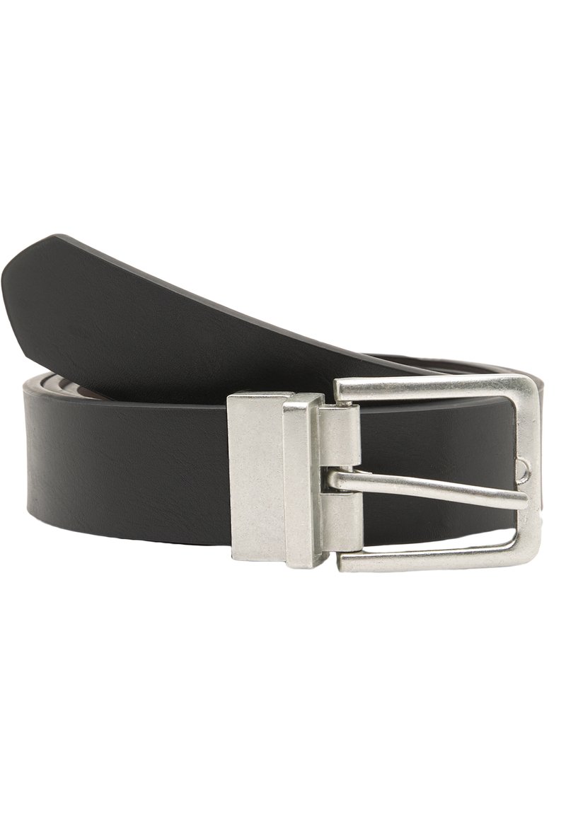 Black leather belt with a flat, wide strap and a rectangular silver metal buckle. Smooth finish with no visible patterns or accents.