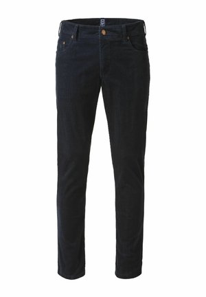 Dunkelblaue Cordhosen mit geradem Beinschnitt, ausgestattet mit einem klassischen Bund, zwei Fronttaschen und dezenten Nähdetails.