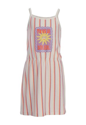 Mouwloze jurk met oranje en paarse verticale strepen, een zonnenafbeelding en Franse tekst "Tu es le soleil" op de borst.