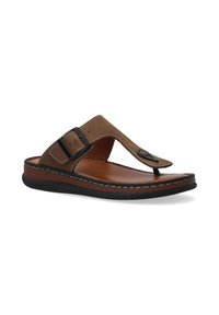 Brun læder flip-flop sandaler med en bred rem og justerbar spænde, med en polstret sål og en holdbar sort gummisål.