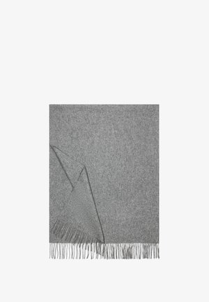 Gray woolen throw blanket with a soft texture, featuring fringed edges and a folded corner displaying its weave.