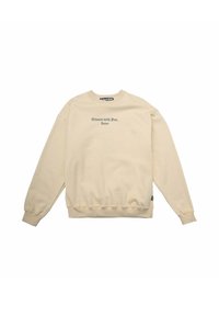 Felpa beige con colletto a girocollo, polsini e bordo a coste, con la scritta "Always with You. Iuter" in grigio sul petto.