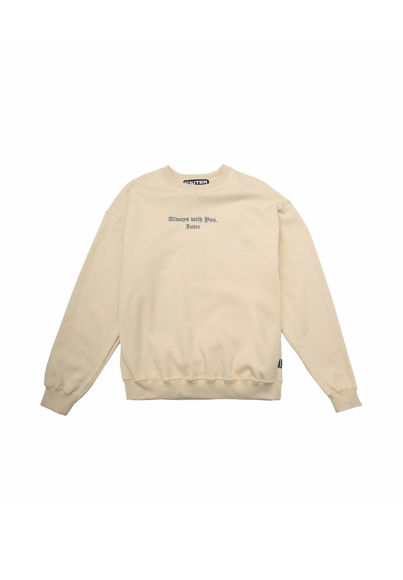 Felpa beige con colletto a girocollo, polsini e bordo a coste, con la scritta "Always with You. Iuter" in grigio sul petto.