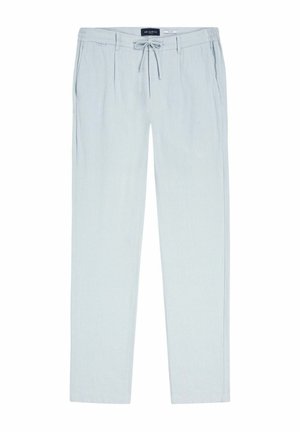 Pantalon décontracté gris clair avec taille à cordon, poches latérales, passants pour ceinture et coupe droite ajustée.