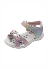 Sandal glittrante multicolore con dettagli a forma di cuore, cinturino con chiusura a strappo, design aperto sulla punta e sottopiede imbottito rosa.