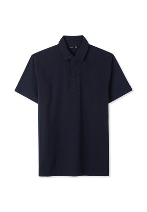Polo blu navy in tessuto lavorato, con colletto classico, patta con tre bottoni e maniche corte. Taglia XL.