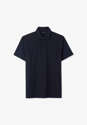 Polo blu navy in tessuto lavorato, con colletto classico, patta con tre bottoni e maniche corte. Taglia XL.