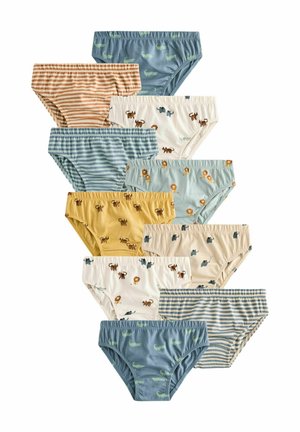 Set aus zehn Kinderunterhosen mit verschiedenen Farben und Mustern, darunter Streifen, Tiere und Naturmotive, aus weichem Baumwollmaterial.