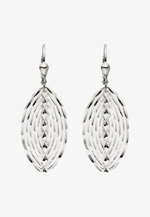 Silberne Tropfohrringe mit ovaler Form, geschichteten, wellenförmigen Mustern und einer glatten Oberfläche. Sicherer Klappverschluss.