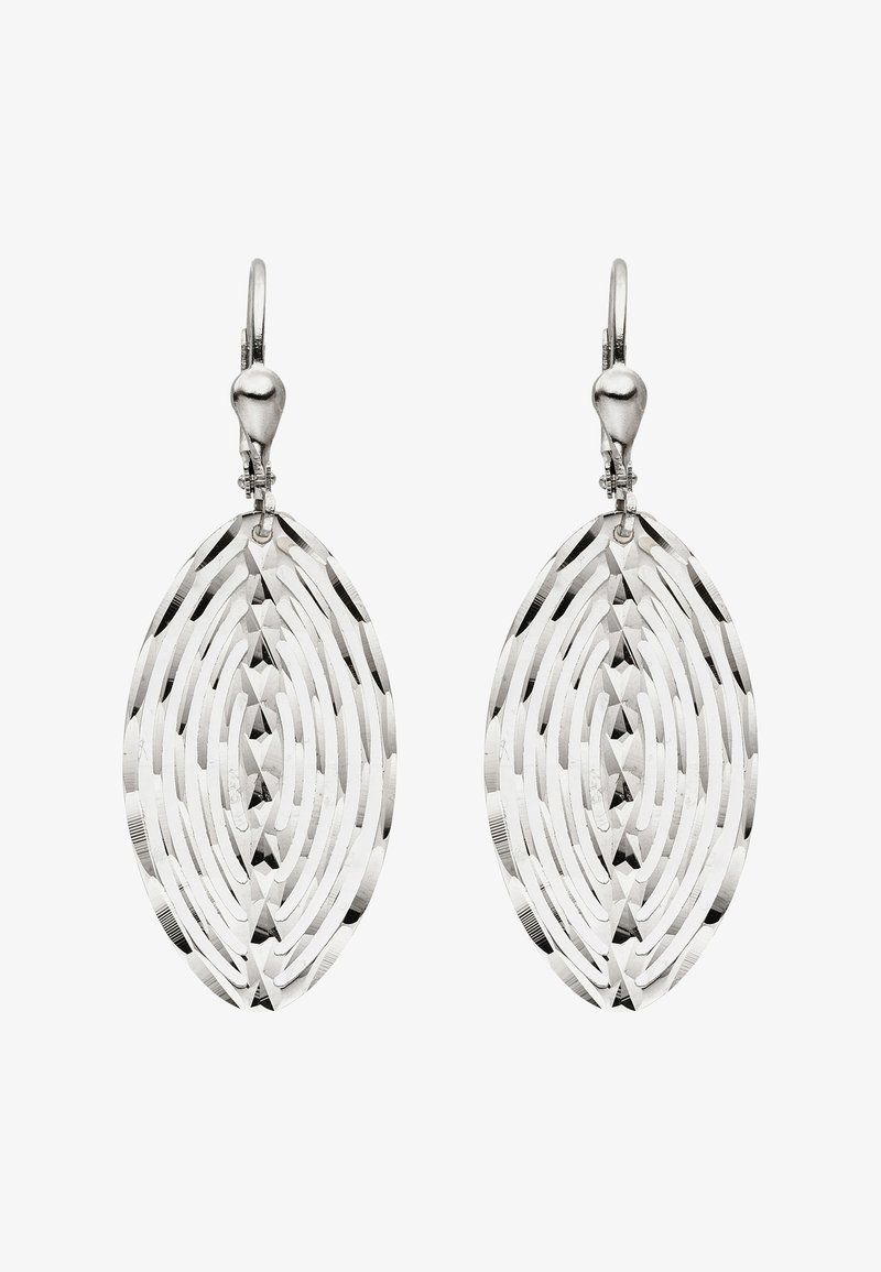 Silberne Tropfohrringe mit ovaler Form, geschichteten, wellenförmigen Mustern und einer glatten Oberfläche. Sicherer Klappverschluss.