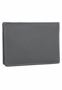 Gray leather wallet with a smooth texture, rectangular shape, and contrasting stitching along the edges. No visible hardware or logos.