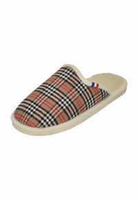 Plaid patterned slipper with a beige, black, and red design. Soft lining, open back, and a light-colored rubber sole.